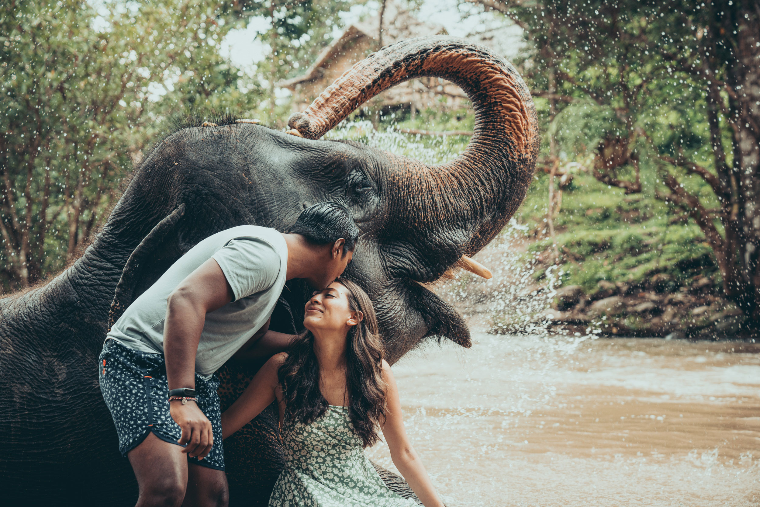 Romantic portrait taken in a river with an elephant